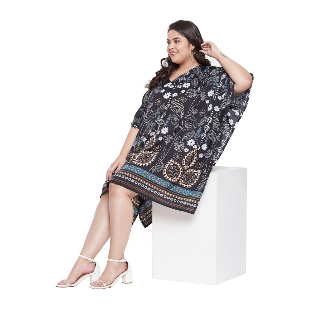 Black Floral Short Kaftan Knee Length Tunic Beach Summer Wear Beach Cover-Up - Picture 8 of 9